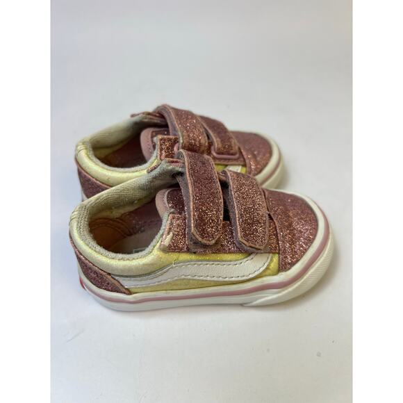 Vans Toddler Glitter Old Skool Sneakers, Pink/Gold, Hook-and-Loop Straps, Size 4 - Picture 2 of 11